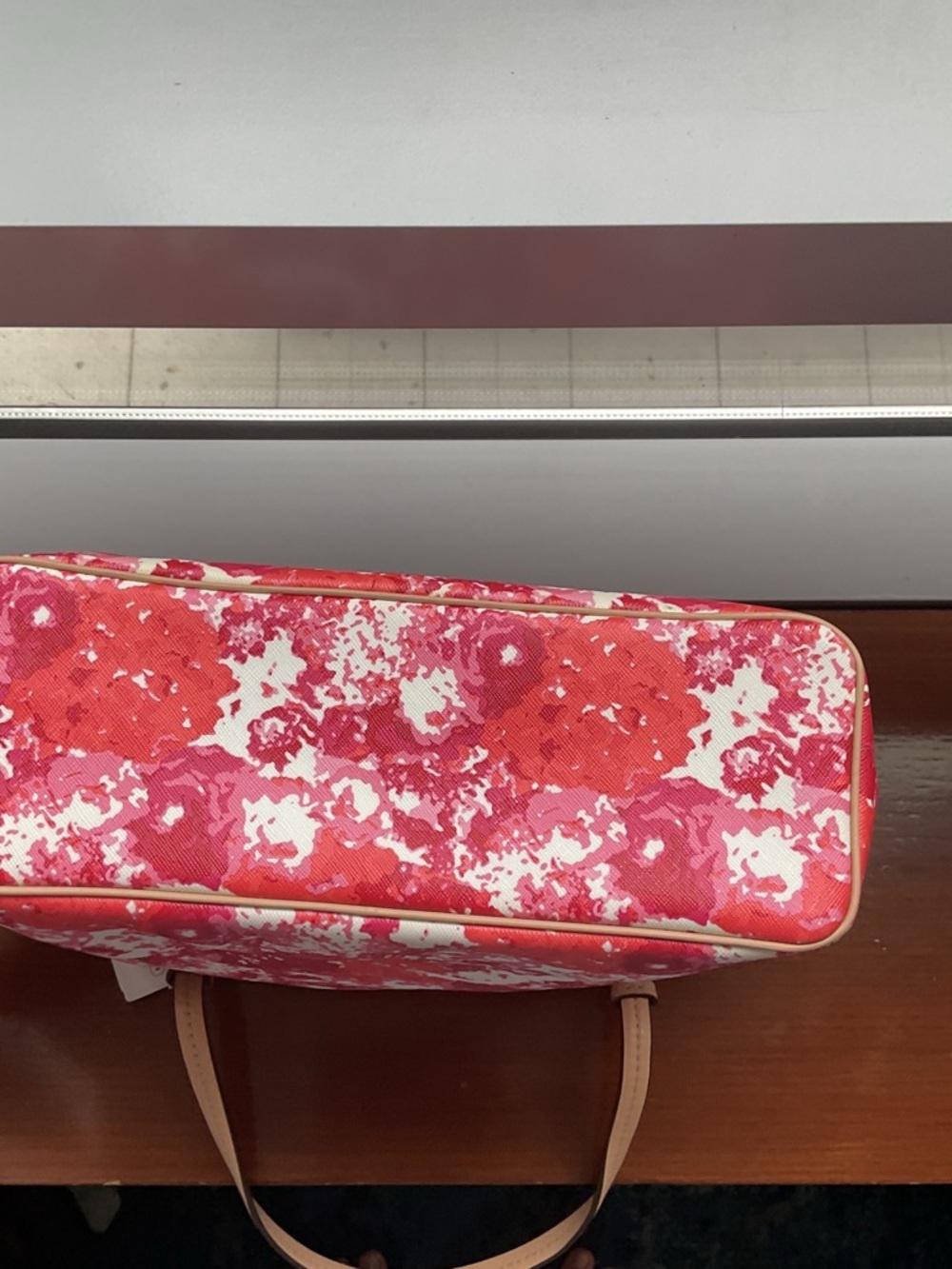 Coach Pink Red Floral Print Tote with Tan Straps - Picture 4 of 9